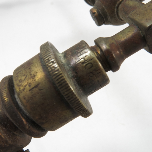 A pair of brass twin light gas light fittings, of T form, with regulator valves and pierced shades, - Image 4 of 5