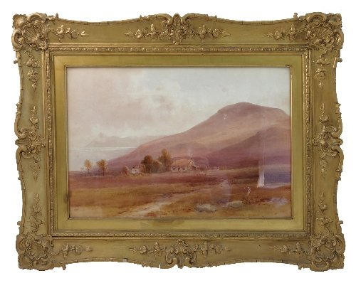 Edward Arden, watercolour, view across fields with trees, buildings, water and mountains,