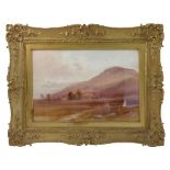 Edward Arden, watercolour, view across fields with trees, buildings, water and mountains,