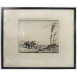 E H Whydale, dry point etching, The Road, pair of shire horses pulling a laden cart up a hill,