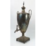 A silver plated samovar, of classical urn form, with urn finial, bead decoration to the handles,