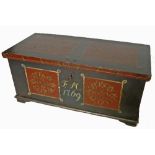 A Continental painted pine box, decorated with faux panels, and initials 'FM 1769', width 47.