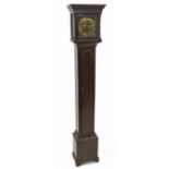 An oak cased grandmothers clock, the brass square dial engraved with a harbour scene,