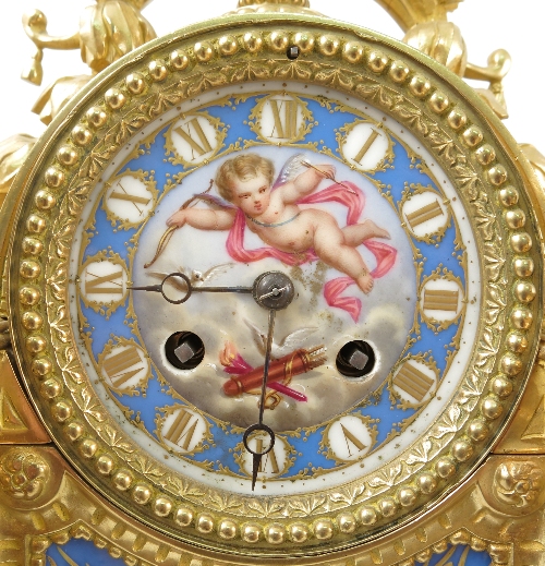 A 19th century ormolu and Sevres mantel clock, the back plate inscribed Japy Freres, - Image 5 of 15