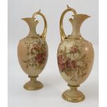 A pair of Royal Worcester blush ivory quarter lobed vases, decorated with field flowers,