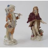 A Meissen figure, emblematic of Winter, of a bearded man wearing a fur lined clock by a fire,