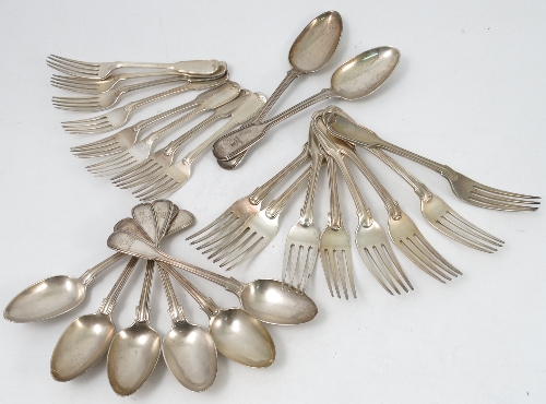A matched part canteen of silver fiddle and thread pattern cutlery, engraved with a crest,
