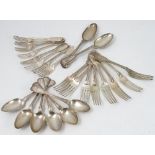 A matched part canteen of silver fiddle and thread pattern cutlery, engraved with a crest,