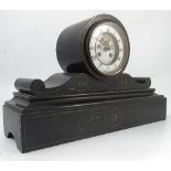 A Victorian black slate striking mantel clock, the enamel and gilt dial with escapement,