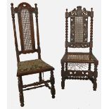 Two 17th century style hall chairs, with cane backs and turned column sides, raised on turned legs,