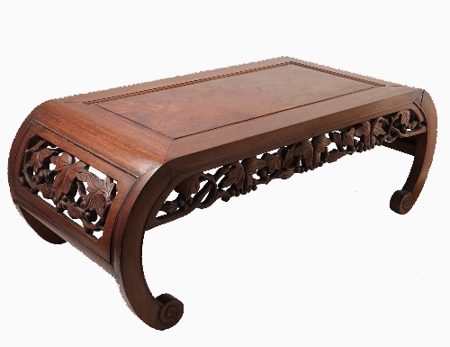 A Chinese hardwood opium table, of rectangular form, with burr wood panel to the top,