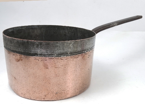 A 19th century copper sauce pan, with steel handle, engraved R.S.H 29, diameter of pan 10.