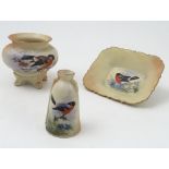 Three pieces of Locke and Co Worcester blush ivory, a dish, decorated with a bird, width 4.