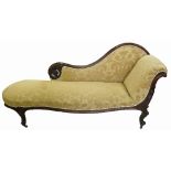 A 19th century mahogany chaise longue, with showood serpentine front, raised on cabriole legs,