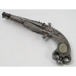 A reproduction steel flintlock pistol in the 18th century Scottish style, with octagonal muzzle,
