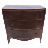 A 19th century mahogany bow front chest, of three long drawers, raised on splayed bracket feet,