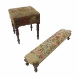 A Victorian long kneeling stool, raised on short cabriole legs, width 34ins,