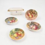 Three porcelain pin dishes, hand painted with fruit to a mossy background by Lafford,