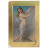 A 19th century over painted print, study of a semi naked dancing female with flowers,