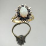 An opal, sapphire and diamond 18 carat gold cluster ring,