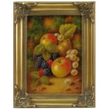 J F Smith, oil on board, still life study of fruit to a mossy background, 6.5ins x 4.