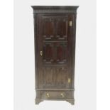 An antique oak cupboard, with a moulded panel door fitted with a drawer,