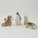 Three Royal Crown Derby paperweight, a sea horse, 1991, a penguin, separate stopper,