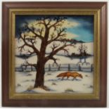 A framed Moorcroft plaque, decorated in the Woodside Farm pattern with a fox in a winter landscape,