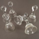 A set of six glasses, possibly for toasting, the circular drop on a stem with ball end,
