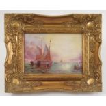 E R Booth, a rectangular porcelain plaque hand painted with a sunset at sea, 4.5ins x 6.