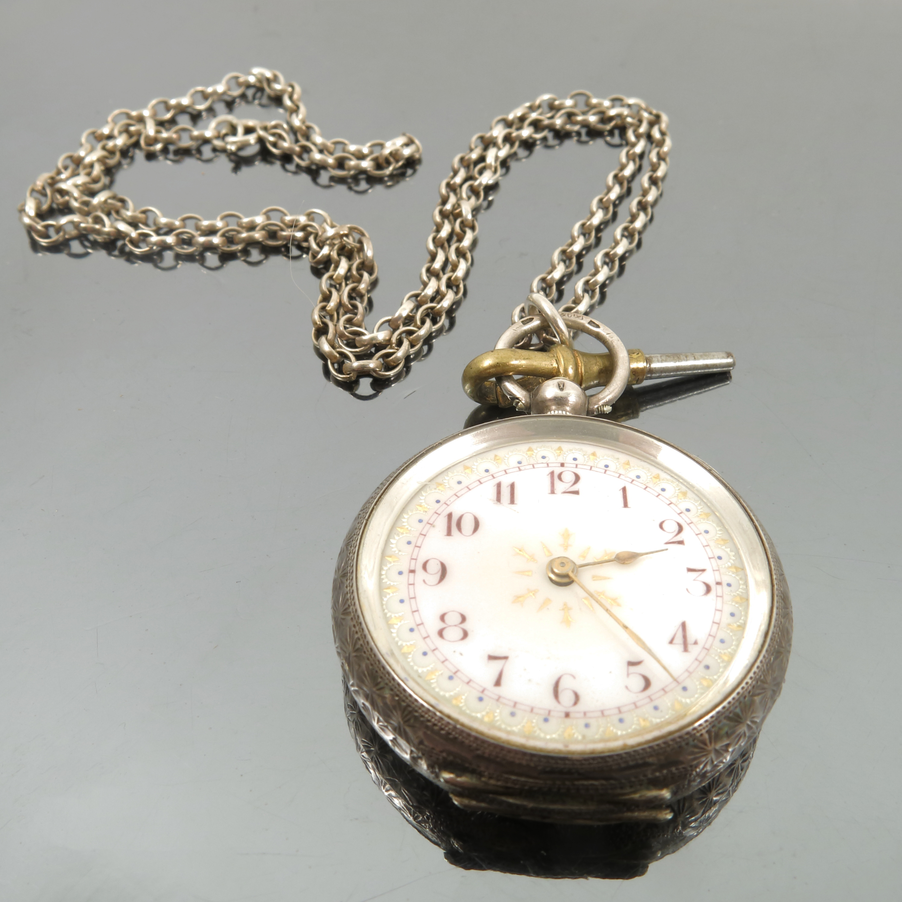 A continental silver fob watch, stamped '935',