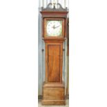 A 19th century oak longcase clock, the square enamel dial painted with a ship,