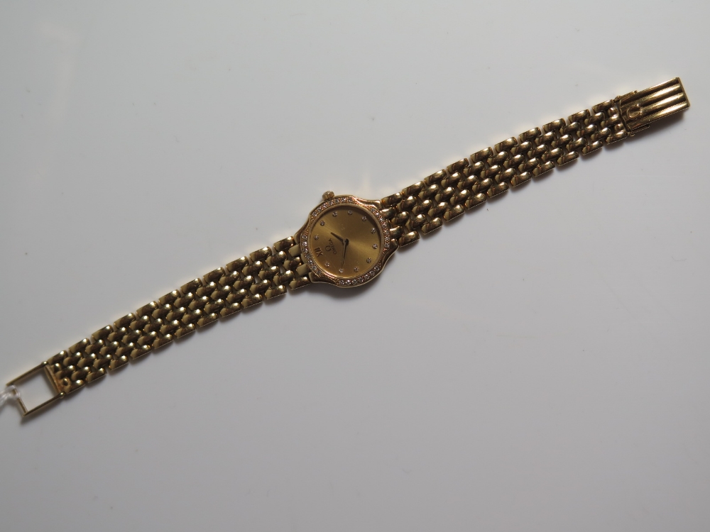 An Omega 18ct Gold and Diamond Lady's Wristwatch decorated with 39 diamonds, 44.6g in Goldsmiths