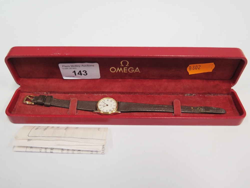 A Modern Lady's Omega De Ville with quartz movement, boxed and needing battery