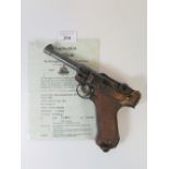 German DWM 9mm Luger Semi Automatic Pistol, No. 2949 (1918) with deactivation certificate