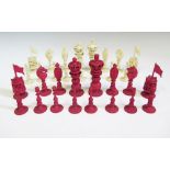 A Fine Nineteenth Century Chinese Export Burmese Pattern Carved Ivory Chess Set, one side stained