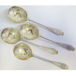 A Set of Four Victorian Silver Spoons with bird and foliate decoration, London 1890, Goldsmiths &