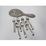 Six Georgian Silver Teaspoons, Victorian teaspoon and silver backed hand mirror