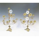 A Pair of Victorian Gilt Metal and Opaline Glass Five Branch Floral Candelabra, 43cm tall