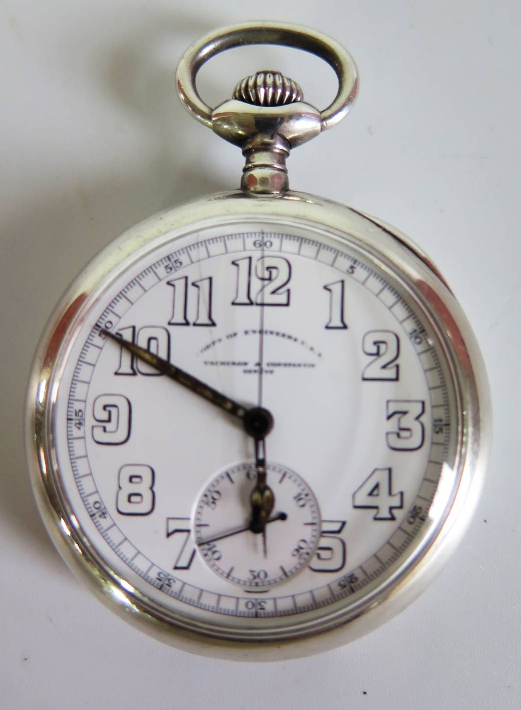 A Vacheron & Contantin - Geneve _ Swiss Open Dial Keyless Chronograph Pocket Watch. The enamelled
