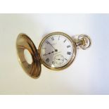 A Waltham Dennison Gold Plated Cased Half Hunter Pocket Watch with enamelled dial, running