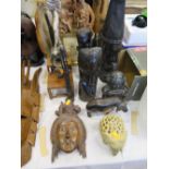 CARVED AFRICAN EBONY FIGURES AND BUSTS, CHINESE STAND ETC