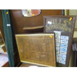 FRAMED WILLS' CIGARETTE CARD DISPLAY AND FRAMED MAP, TWO DECANTERS AND CLARET JUG