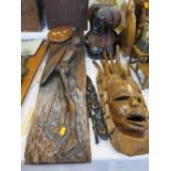 A PAIR OF AFRICAN CARVED EBONY BUSTS AND OTHER TREEN