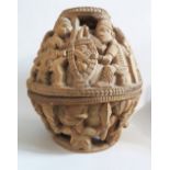 WEST AFRICAN COVERED MAIZE BOWL WITH HEAVILY RELIEF CARVED DECORATION OF TRADITIONAL FIGURES AND MAN