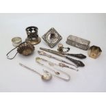 A Selection of Silver including napkin rings, dressing table box, sugar tongs, photograph album,