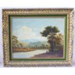 Landscape with River and Cattle, 19th Century English School, oil on canvas in gilt gesso frame