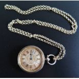 A Ladies Silver Cased Fob watch on chain