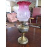 A Good Victorian Brass Paraffin Lamp with Engraved Cranberry Glass Shade, 51cm