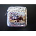 An Edward VIII Silver Vesta decorated with enamel plaque decorated with humorous scene, Birmingham